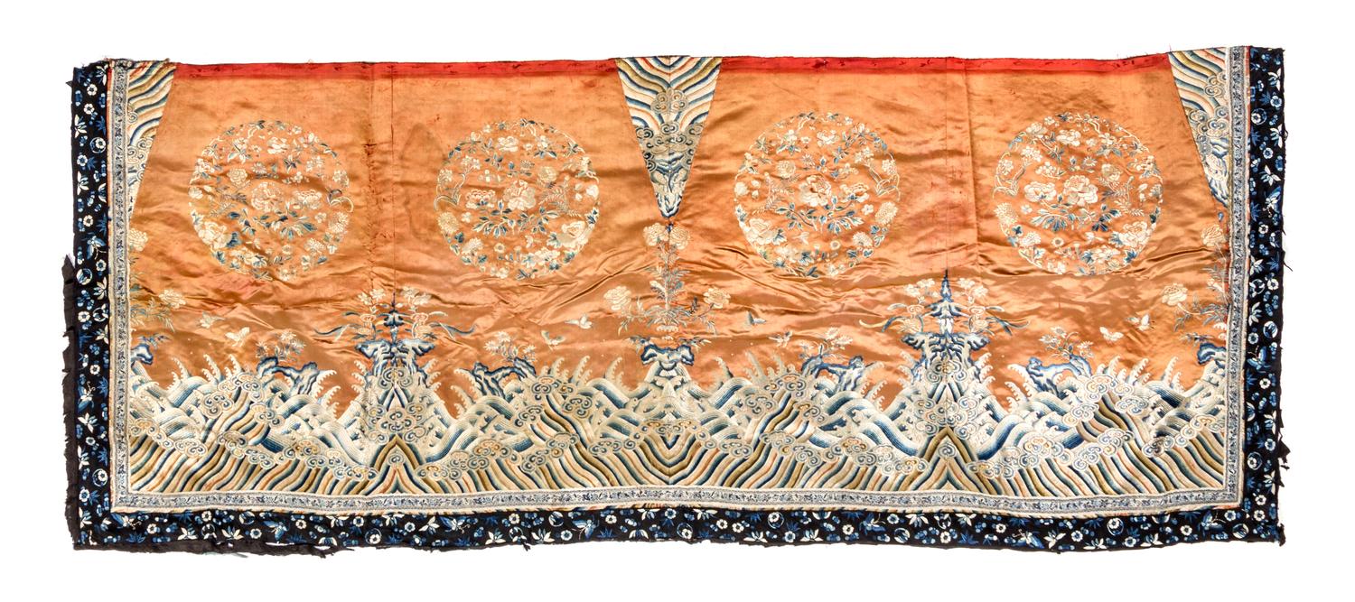 A Chinese Embroidered Silk Panel 79 x 32 inches. — 19TH CENTURY