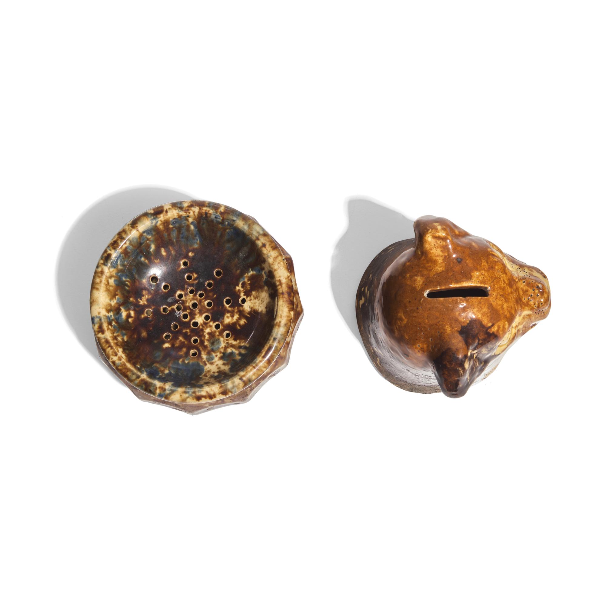 Two Rockingham Glazed Earthenware Items and a Glazed Pottery Dog-Form Bank