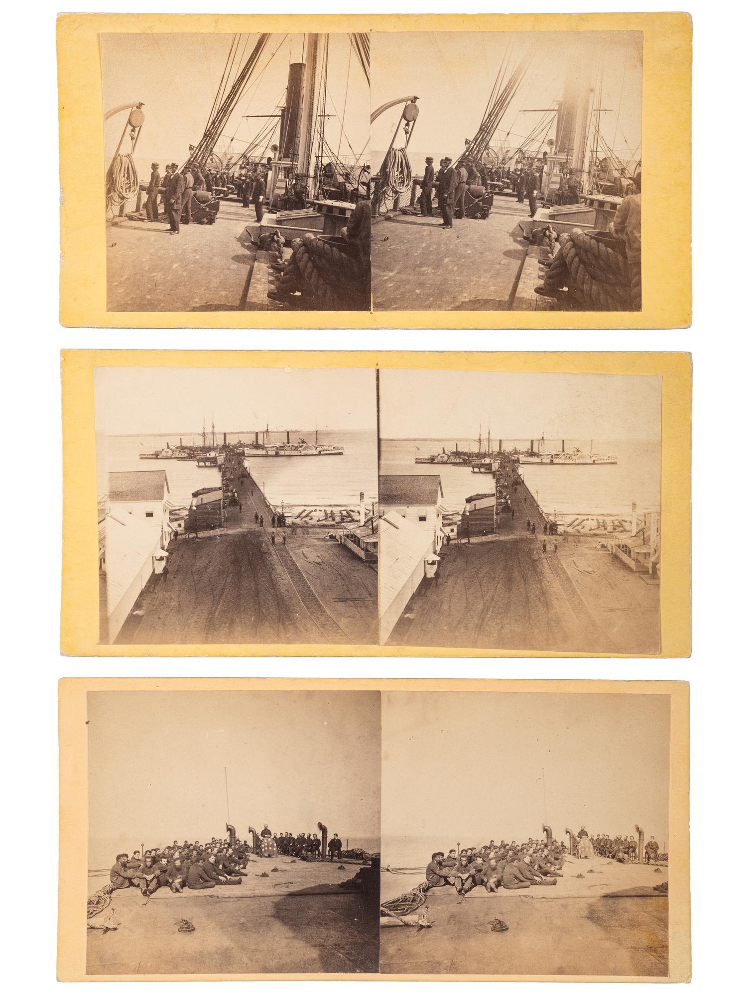 [CIVIL WAR]. COOLEY, Sam A., photographer. A group of 3 stereoviews of deck scenes, highlighted by religious service aboard the Monitor Montauk .