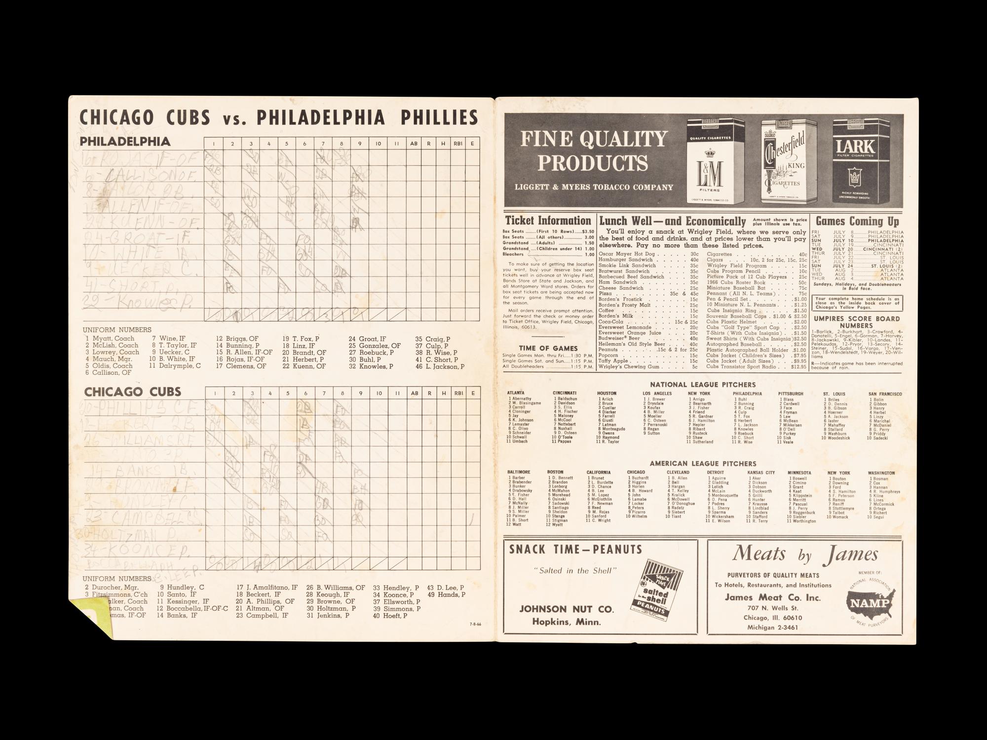 A Group of 12 1960s-70s Chicago Cubs Wrigley Field Signed Autograph Scorecards (Including Ernie Banks, Billy Williams, Fergie Jenkins and Ron Santo)