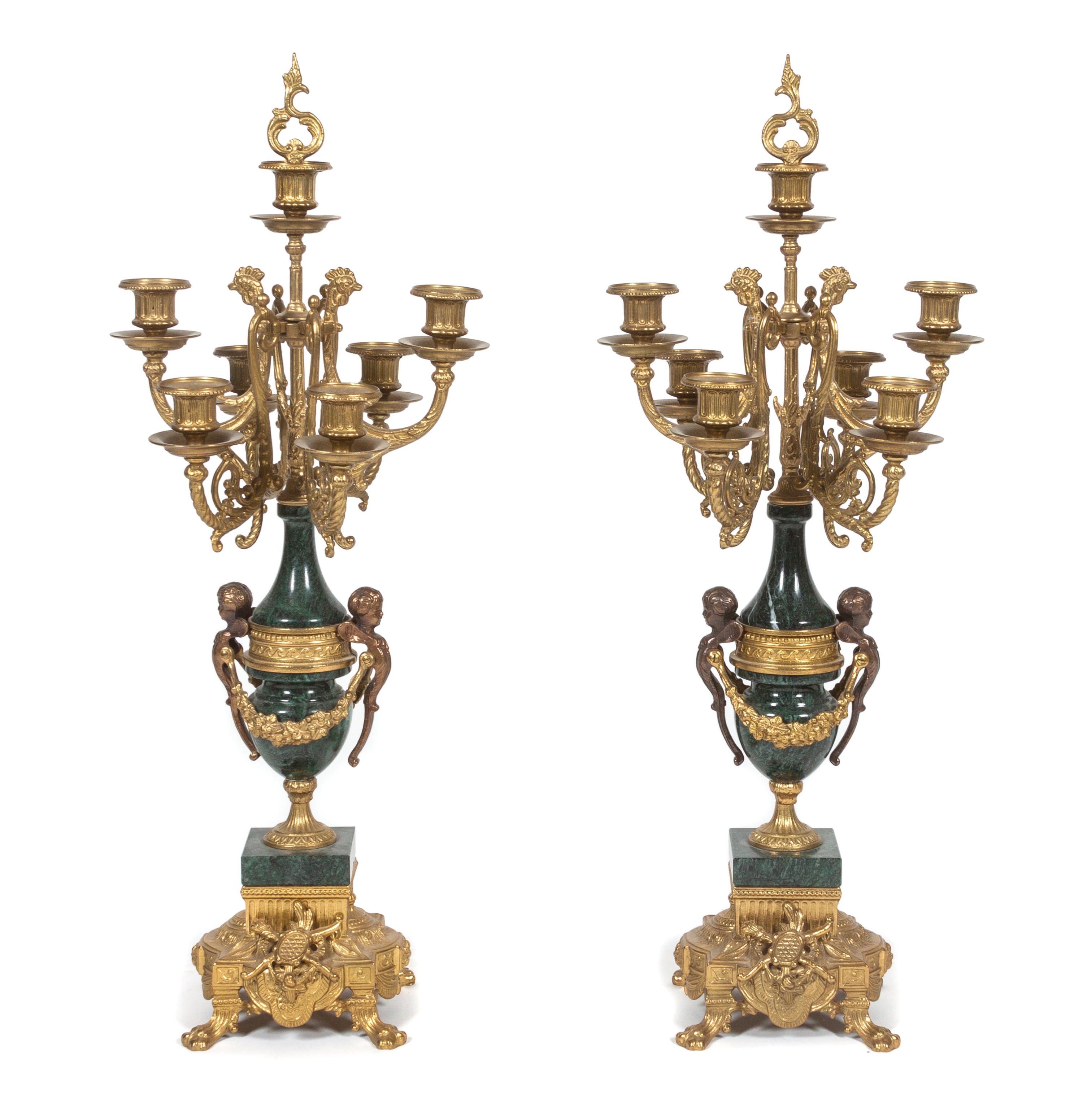 A Pair of Neoclassical Style Gilt Metal Seven-Light Candelabra Height 27 1/4 inches. — MODERN