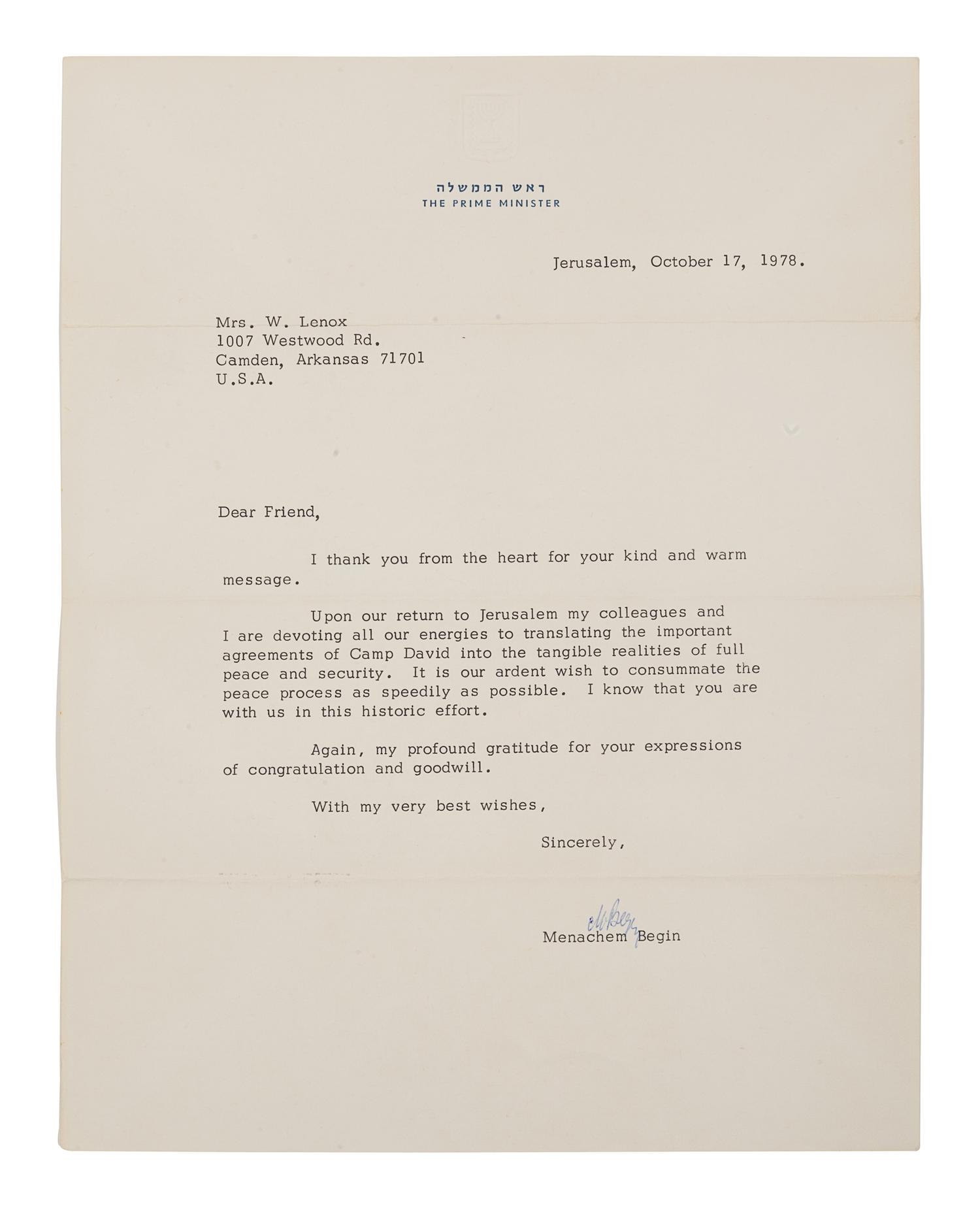 [JUDAICA] -- BEGIN, Menachem (1913-1992). Typed letter signed (“M. Begin”), as Prime Minister, to Mrs. W. Lenox. Jerusalem, 17 October 1978. 1 page, 4to, on Prime Minister stationery, with envelope .