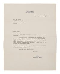 [JUDAICA] -- BEGIN, Menachem (1913-1992). Typed letter signed (“M. Begin”), as Prime Minister, to Mrs. W. Lenox. Jerusalem, 17 October 1978. 1 page, 4to, on Prime Minister stationery, with envelope .