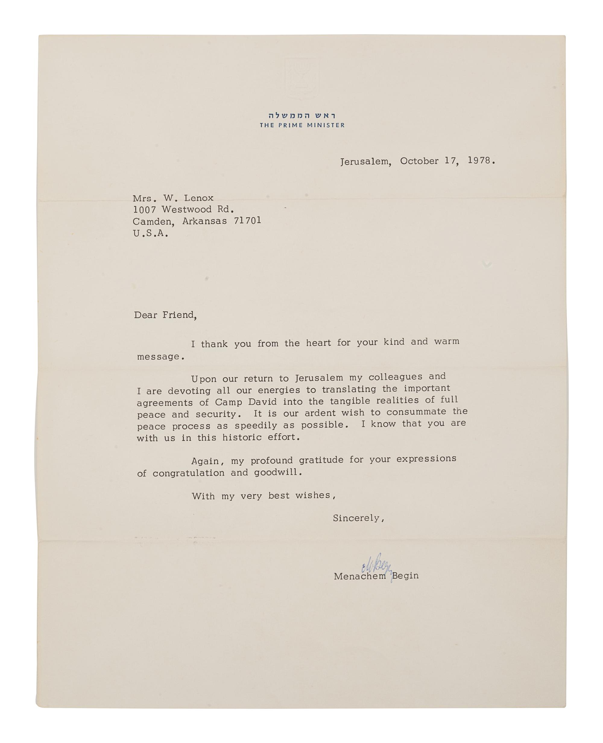 [JUDAICA] -- BEGIN, Menachem (1913-1992). Typed letter signed (“M. Begin”), as Prime Minister, to Mrs. W. Lenox. Jerusalem, 17 October 1978. 1 page, 4to, on Prime Minister stationery, with envelope .