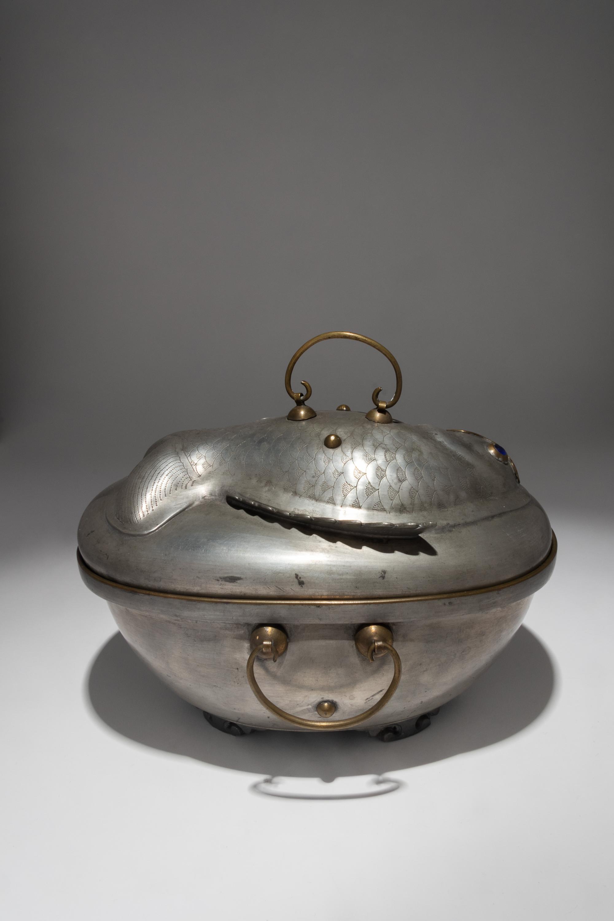 A Pewter Carp-Form Food Container