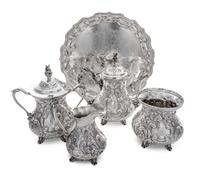 An American Coin Silver Tea Service, Conrad Bard & Son, Philadelphia, Mid 19th Century, comprising a teapot, a creamer, a sugar and a w