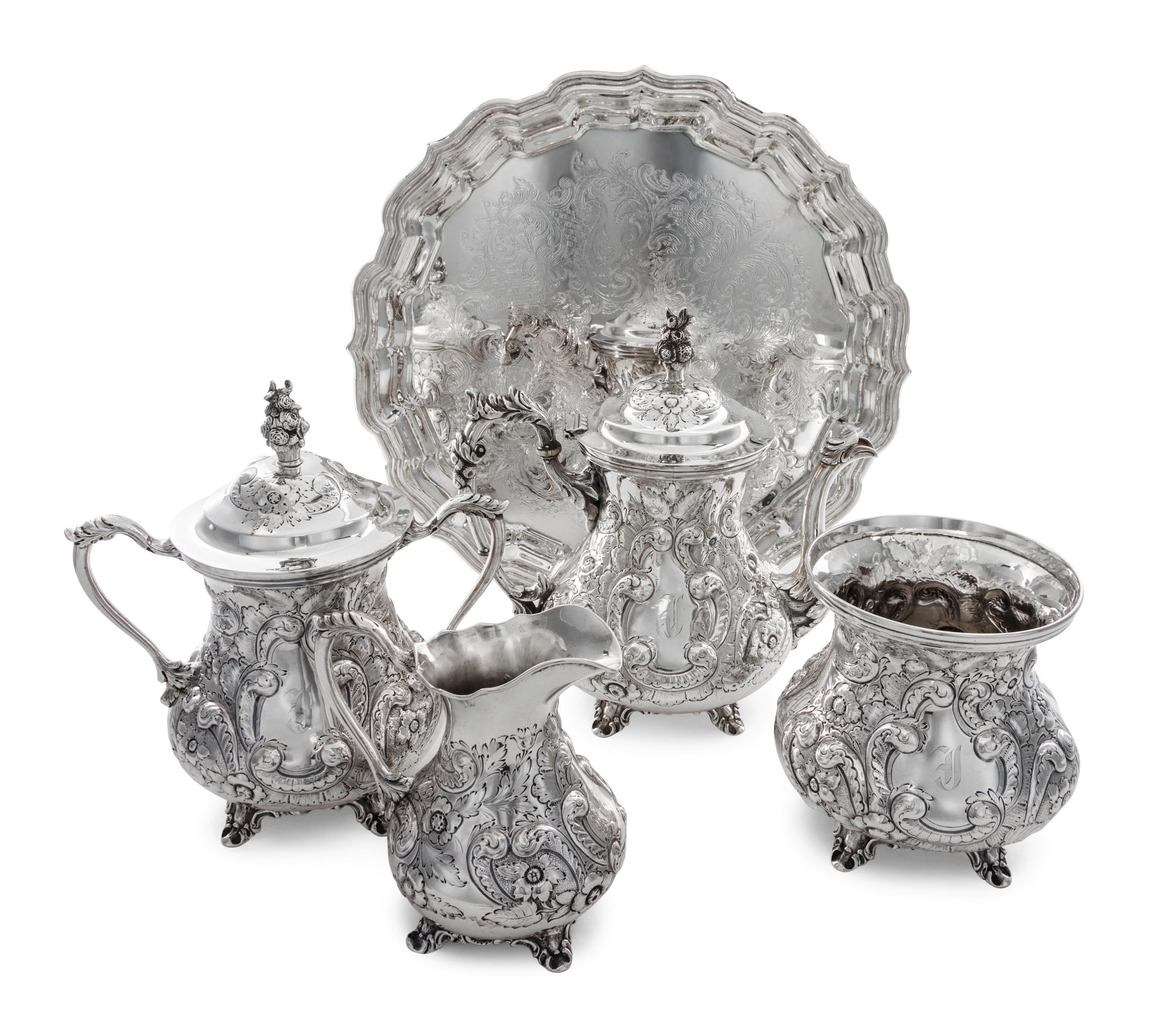 An American Coin Silver Tea Service, Conrad Bard & Son, Philadelphia, Mid 19th Century, comprising a teapot, a creamer, a sugar and a w