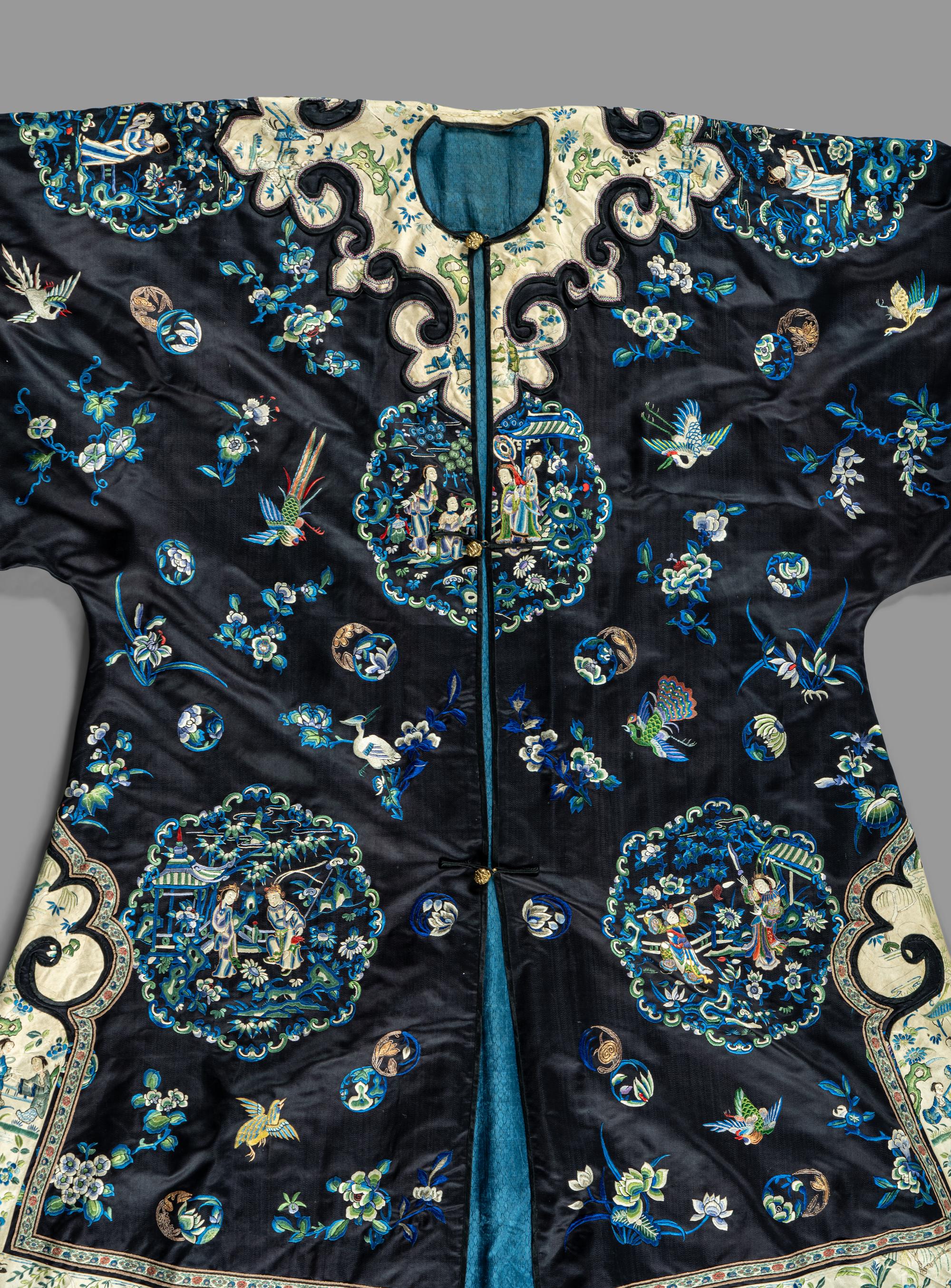 Two Chinese Blue Ground Silk Embroidered Lady's Garments