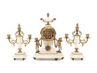 A Louis XVI Style Gilt Metal Mounted Marble Clock Garniture