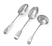 Three George III Silver Spoons, Hester Bateman, London, 1784 and others, the Old English form table spoon together with a Fiddle form t