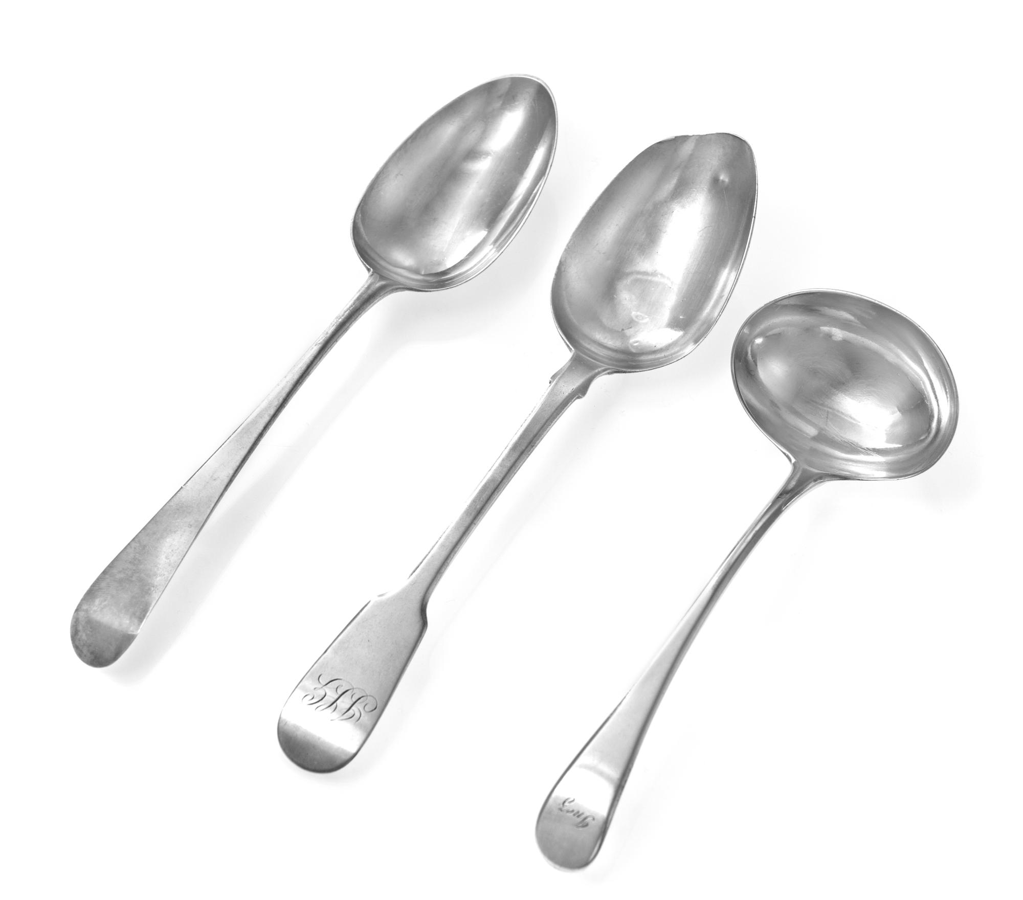 Three George III Silver Spoons, Hester Bateman, London, 1784 and others, the Old English form table spoon together with a Fiddle form t