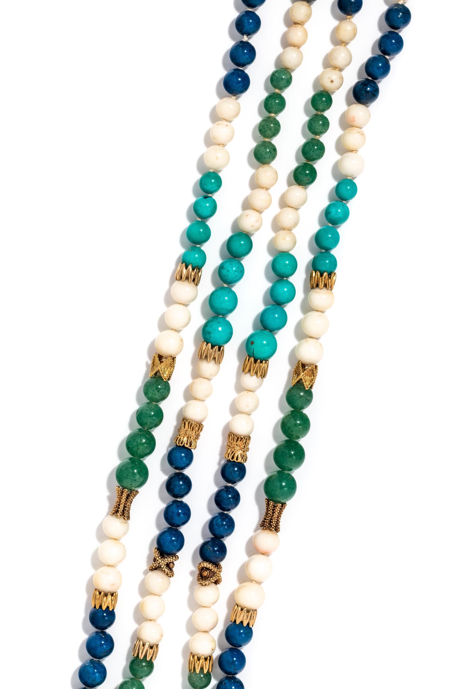 COLLECTION OF YELLOW GOLD AND HARDSTONE BEAD NECKLACES