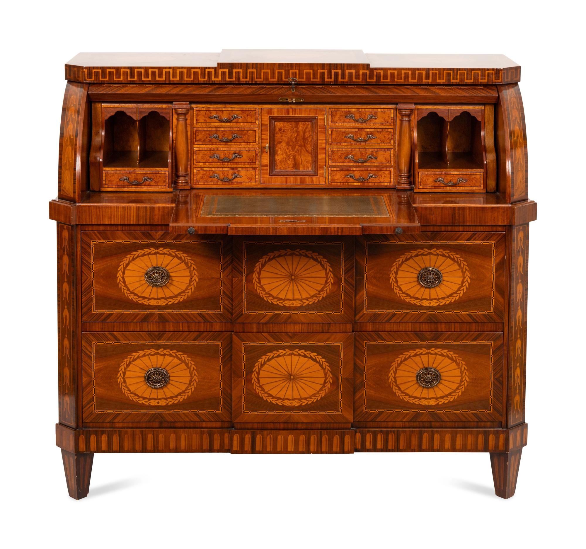 An Italian Louis XVI Style Marquetry Cylinder Bureau
