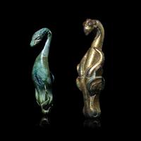 Two Chinese Bronze Garment Hooks, Warring States Period-Han Dynasty 戰國-漢 銅帶鉤兩件