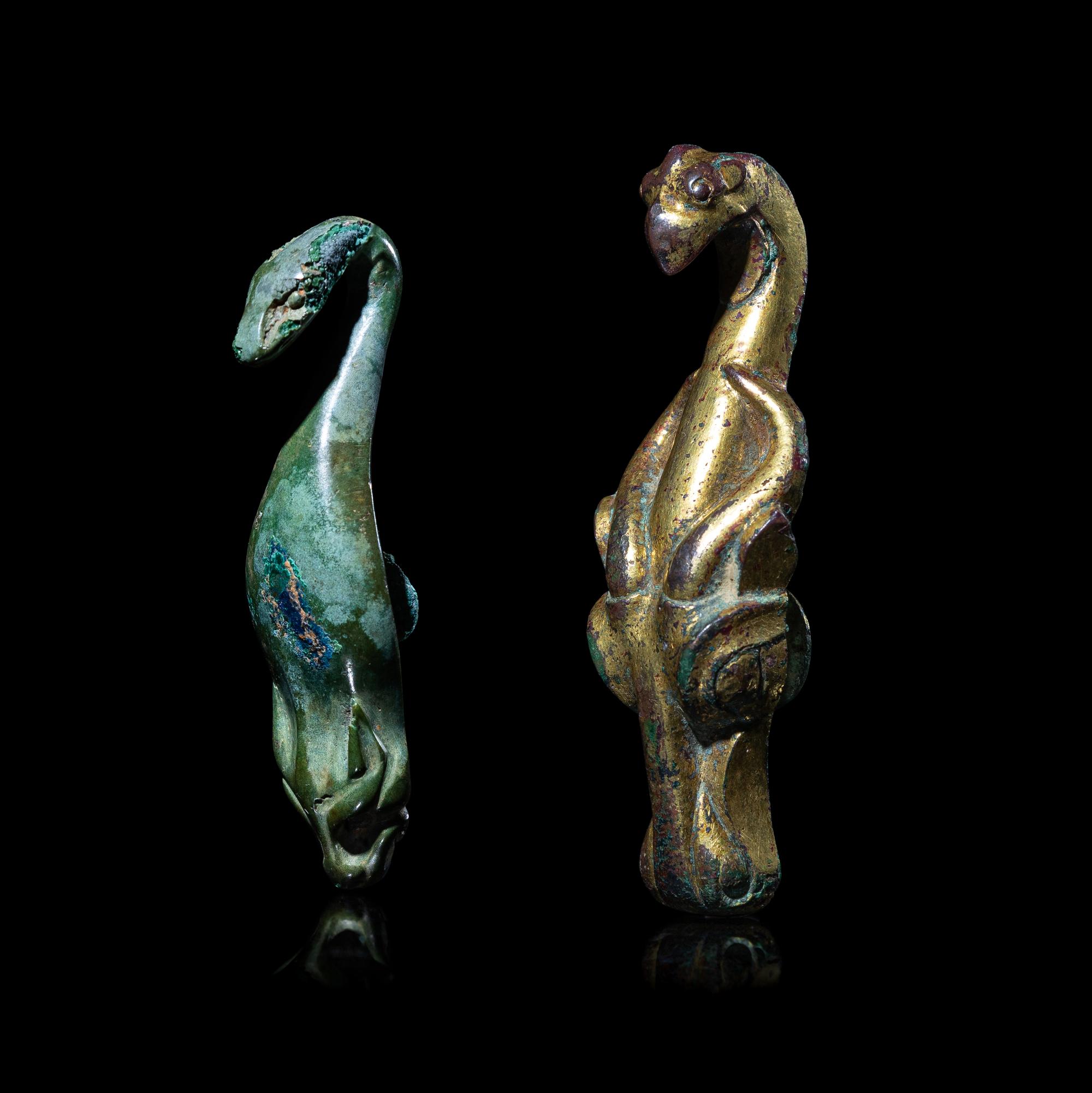 Two Chinese Bronze Garment Hooks, Warring States Period-Han Dynasty 戰國-漢 銅帶鉤兩件