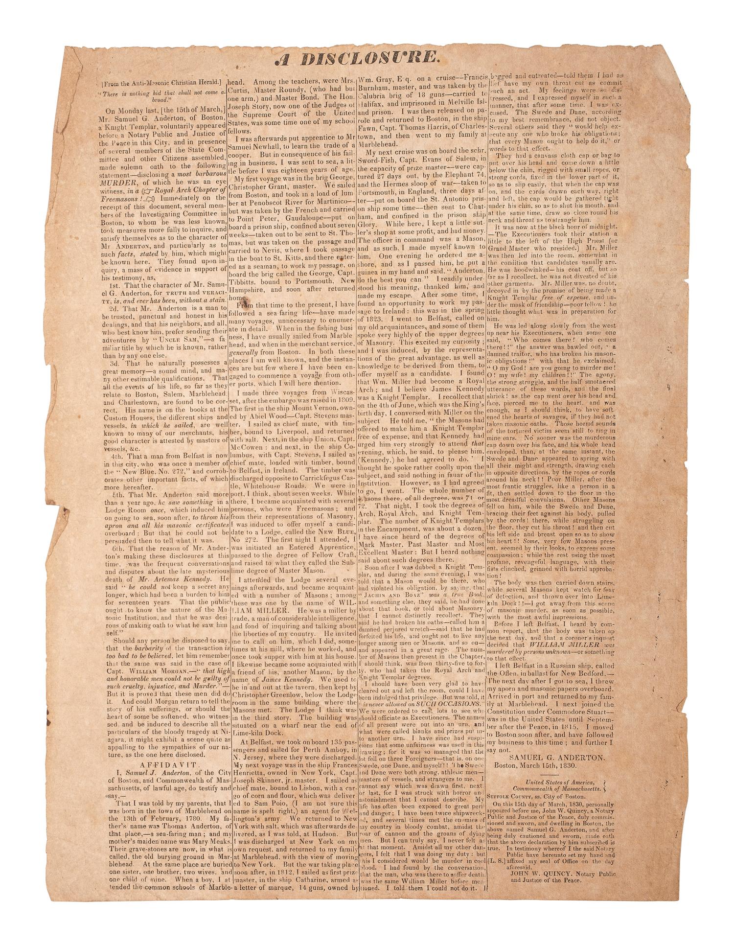 [POLITICS IN AMERICA -- ANTI-MASONIC PARTY]. A pair of broadsides supporting the Anti-Masonic Party, 1830s.