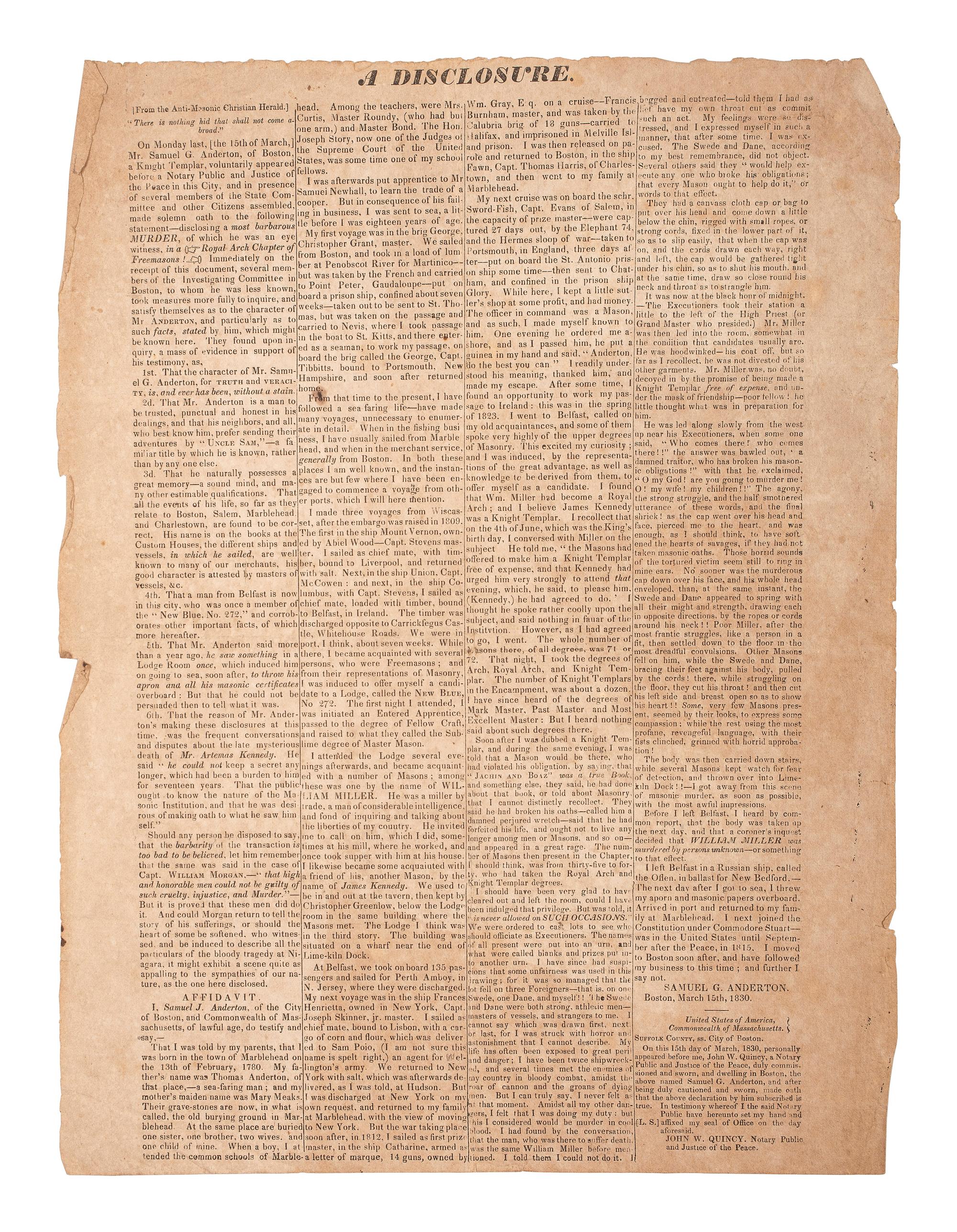 [POLITICS IN AMERICA -- ANTI-MASONIC PARTY]. A pair of broadsides supporting the Anti-Masonic Party, 1830s.