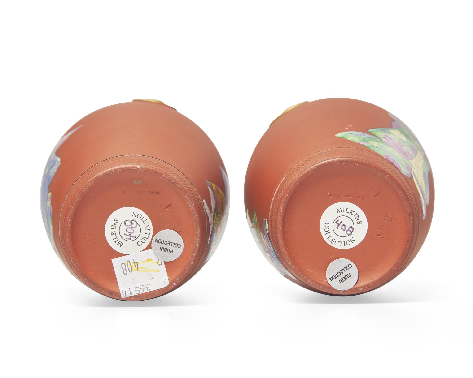A Pair of Wedgwood Enamel Decorated Rosso Antico Vases