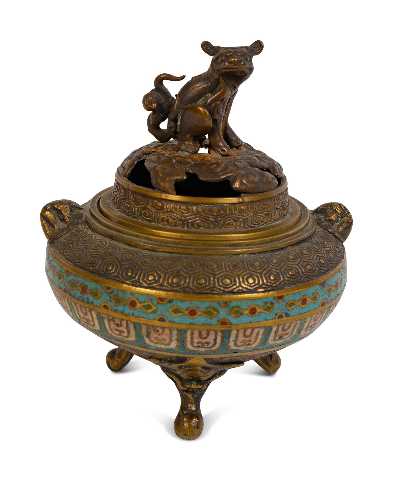 A Japanese Bronze and Cloisonné Enamel Tripod Incense Burner