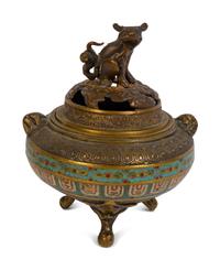A Japanese Bronze and Cloisonné Enamel Tripod Incense Burner