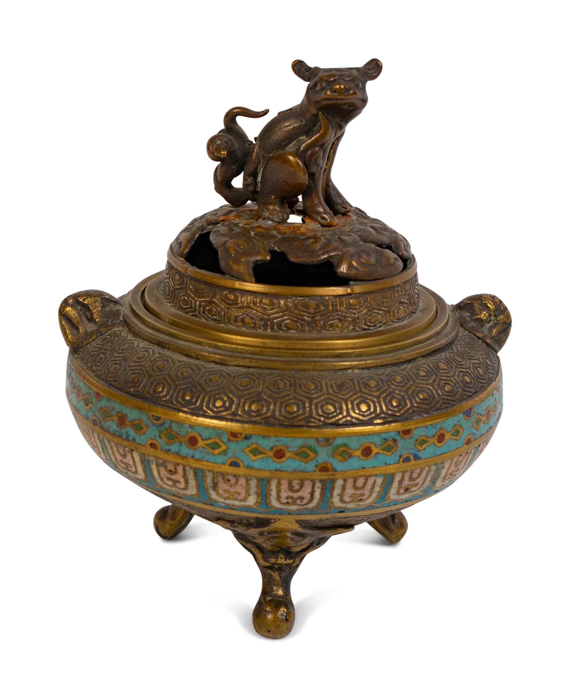 A Japanese Bronze and Cloisonné Enamel Tripod Incense Burner