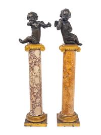 A Near Pair of French Bronze Putti on Gilt Bronze Mounted Marble Columns