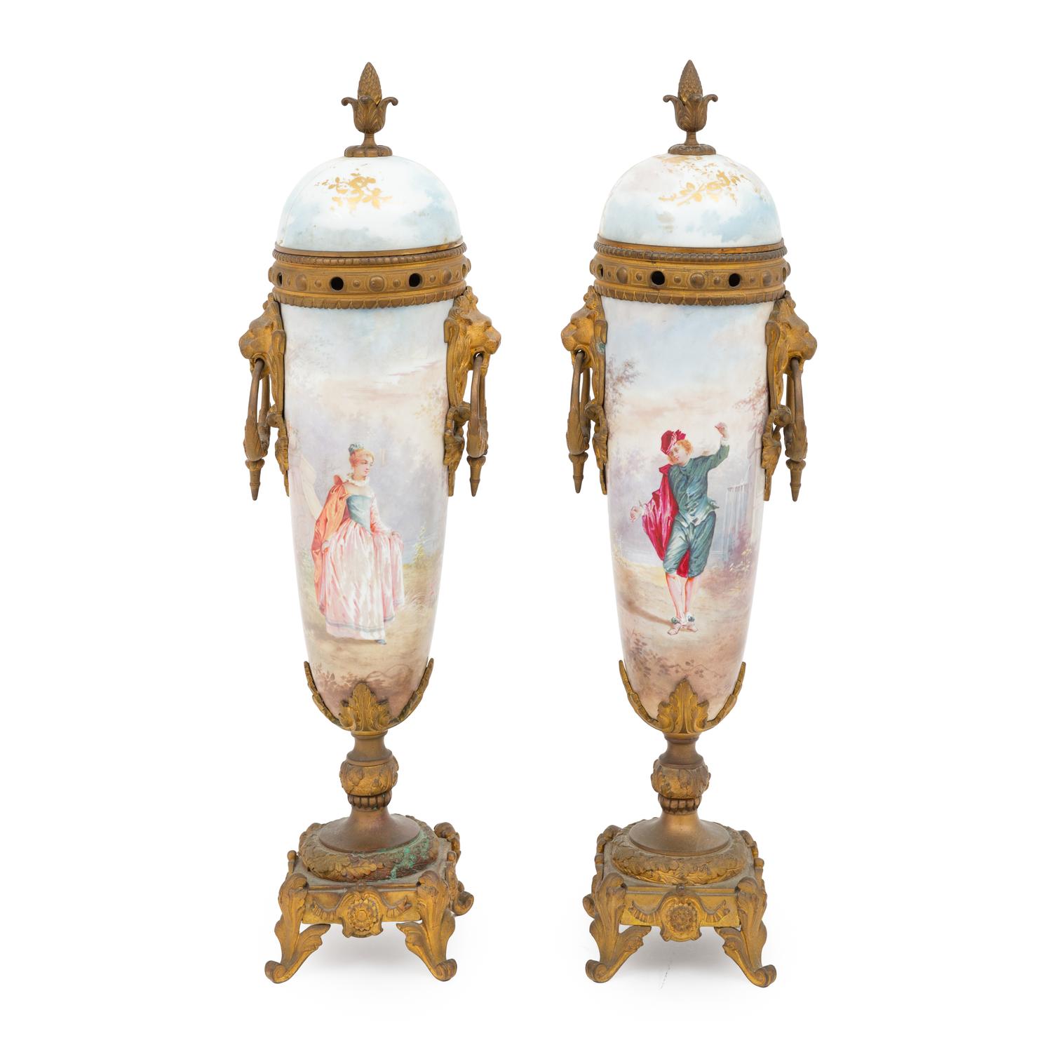 A Pair of Sèvres Style Porcelain and Gilt Bronze Mounted Potpourri Urns