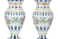 A Pair of Bohemian Enameled White Overlay Glass Baluster Vases