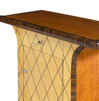 A Swedish Acrylic Inlaid Rosewood and Parchment Veneered Queen Bed with Matching Side Cabinets
