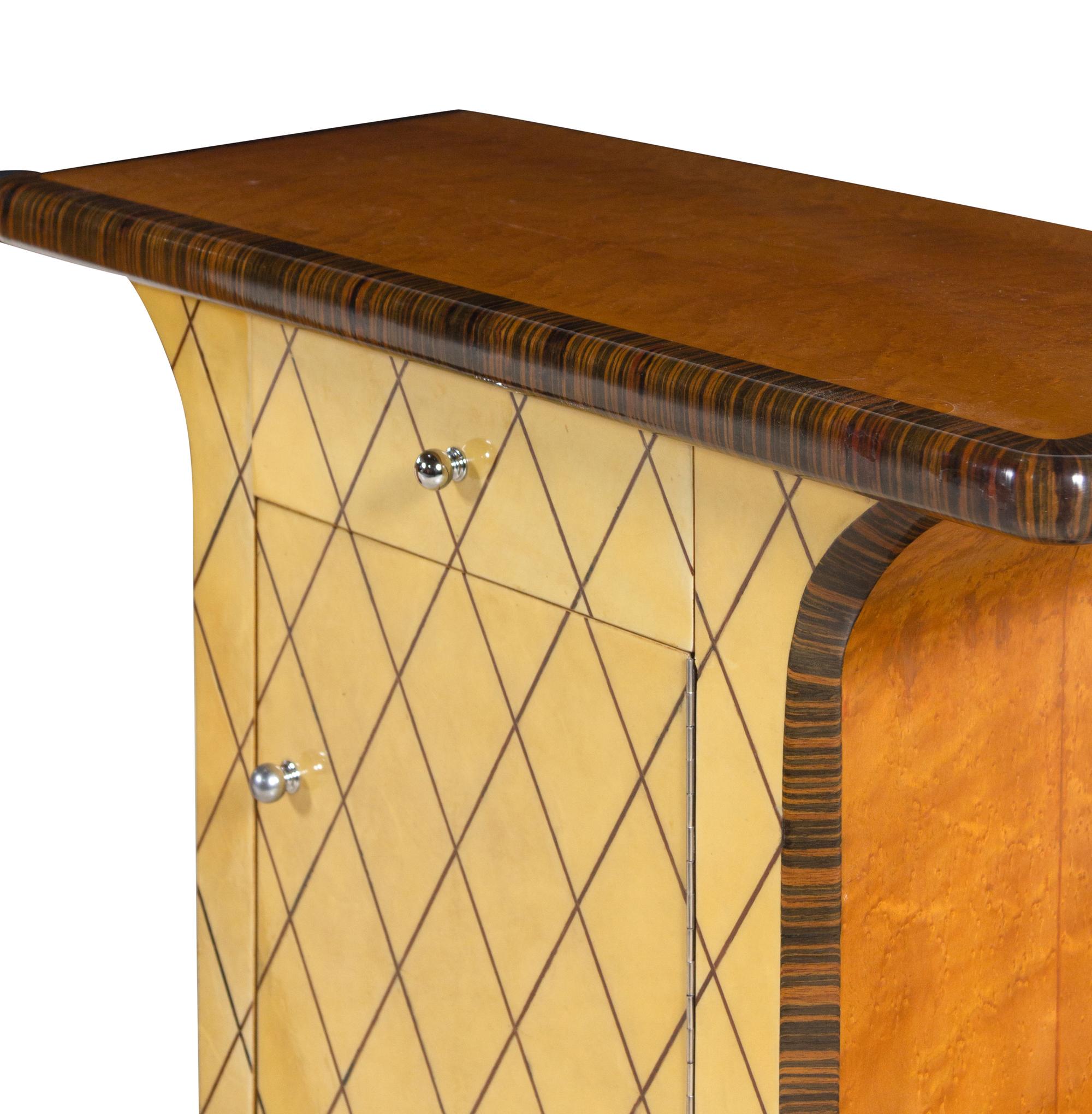 A Swedish Acrylic Inlaid Rosewood and Parchment Veneered Queen Bed with Matching Side Cabinets