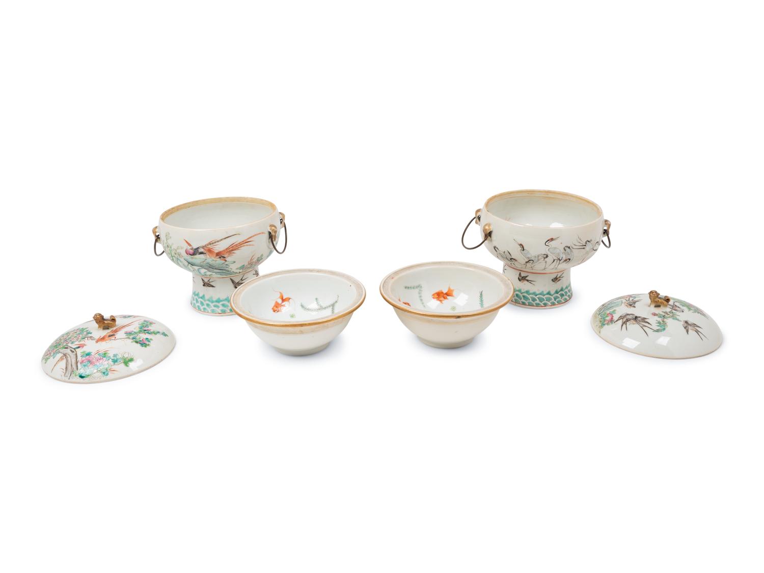 A Pair of Chinese Famille Rose Porcelain Hot Pots