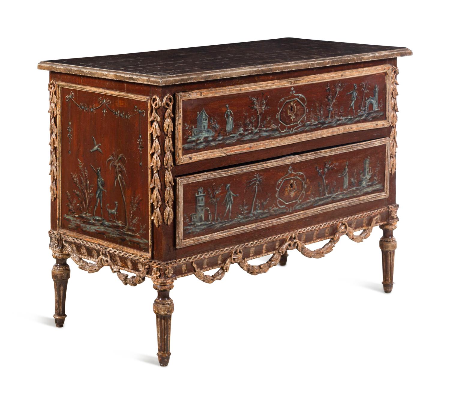 A Piedmontese Painted and Parcel Gilt Commode