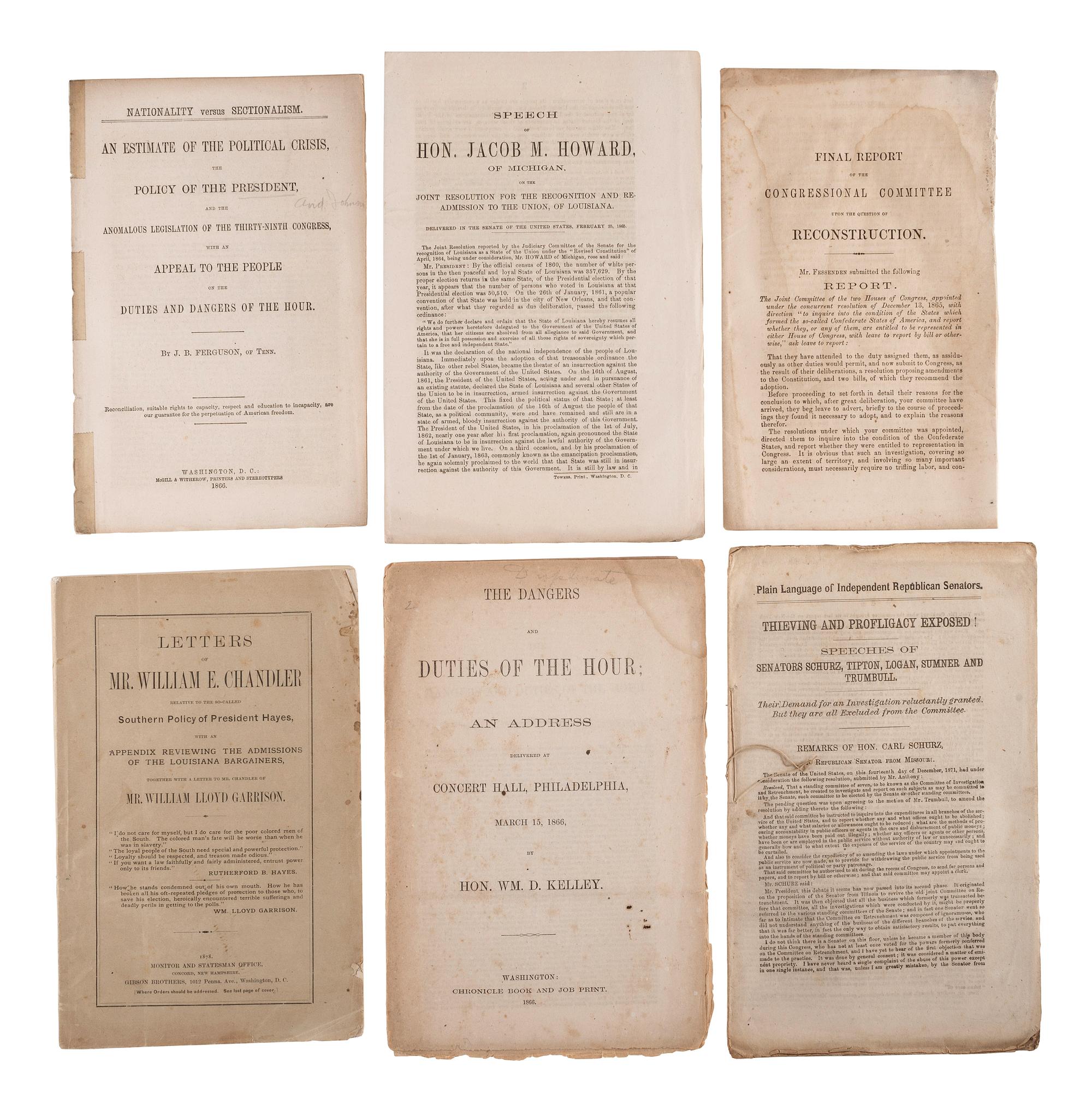 [RECONSTRUCTION]. A group of 27 pamphlets related to politics, finance, and policy in the post-war South, especially Louisiana, comprising: