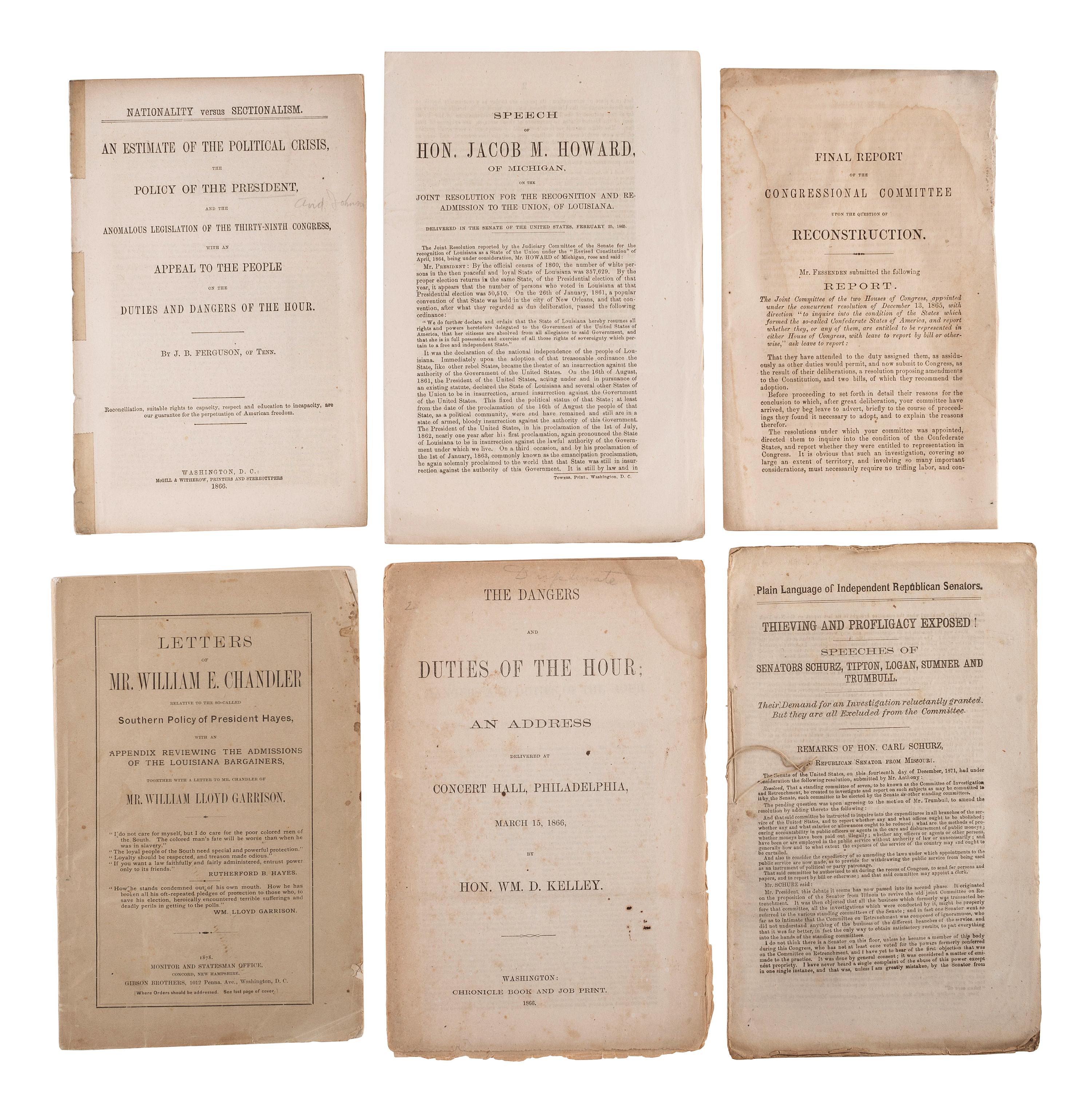[RECONSTRUCTION]. A group of 27 pamphlets related to politics, finance, and policy in the post-war South, especially Louisiana, comprising: