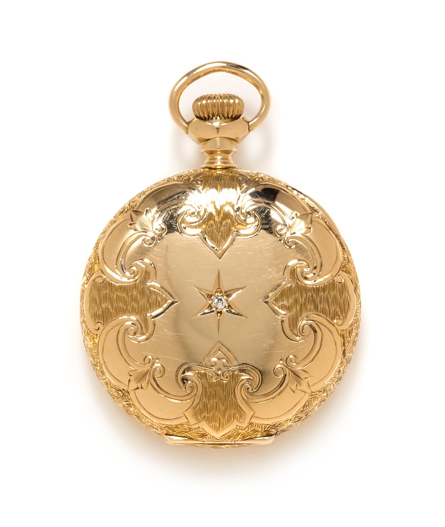 A 14 Karat Yellow Gold and Diamond Hunter Case Pocket Watch, Waltham, Circa 1893, 20.70 dwts.