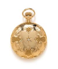 A 14 Karat Yellow Gold and Diamond Hunter Case Pocket Watch, Waltham, Circa 1893, 20.70 dwts.