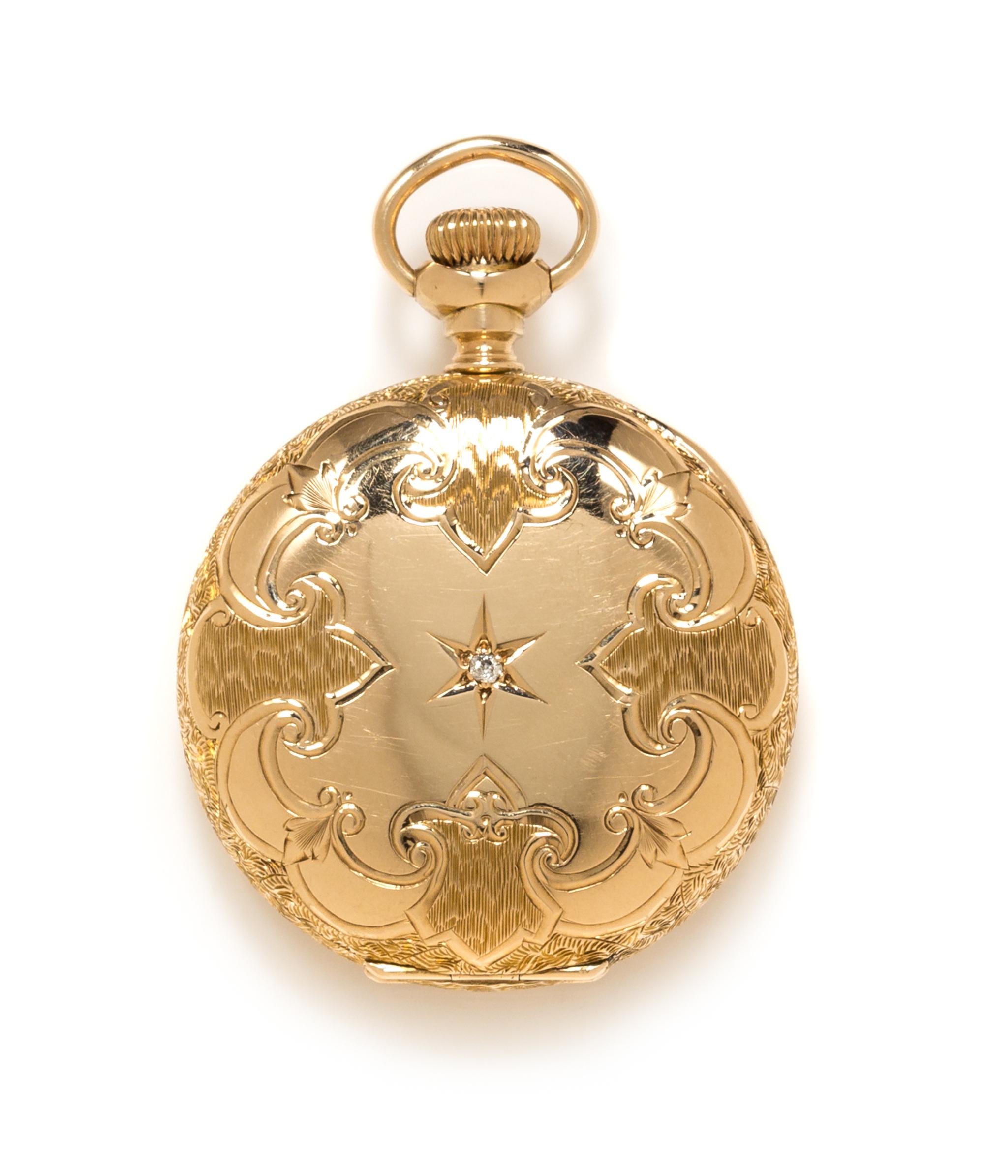 A 14 Karat Yellow Gold and Diamond Hunter Case Pocket Watch, Waltham, Circa 1893, 20.70 dwts.
