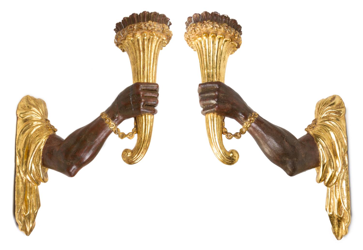 A Pair of Continental Painted and Parcel Gilt Sconces Height 25 inches. — 20TH CENTURY