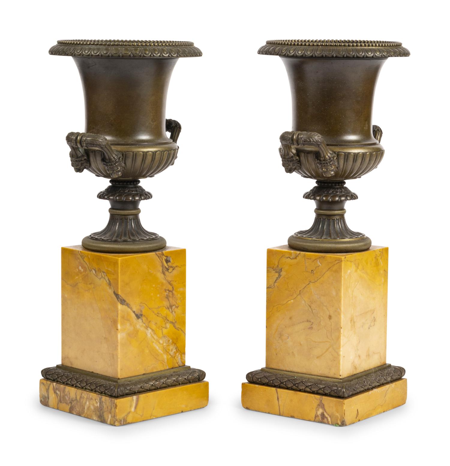 A Pair of Grand Tour Bronze and Marble Urn Ornaments