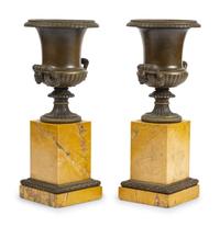 A Pair of Grand Tour Bronze and Marble Urn Ornaments