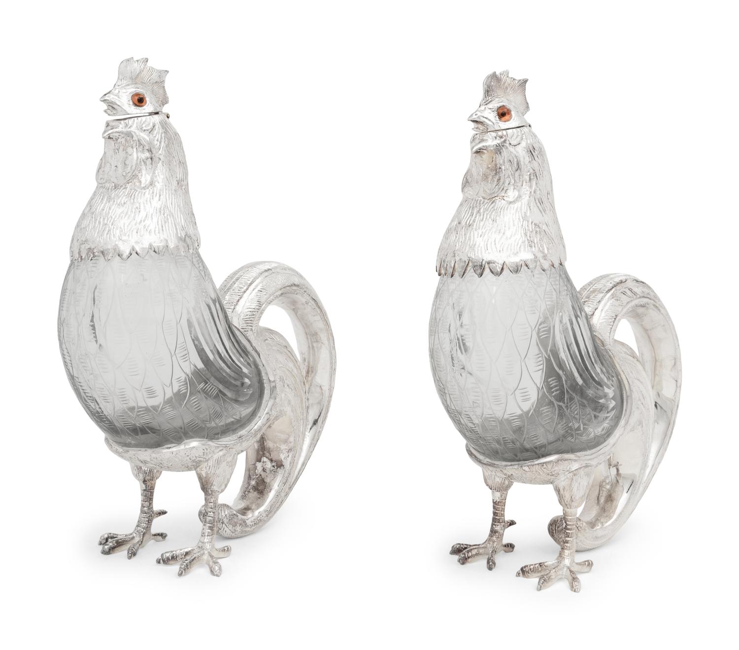 A Pair of Silver-Plate and Glass Cockerel Decanters