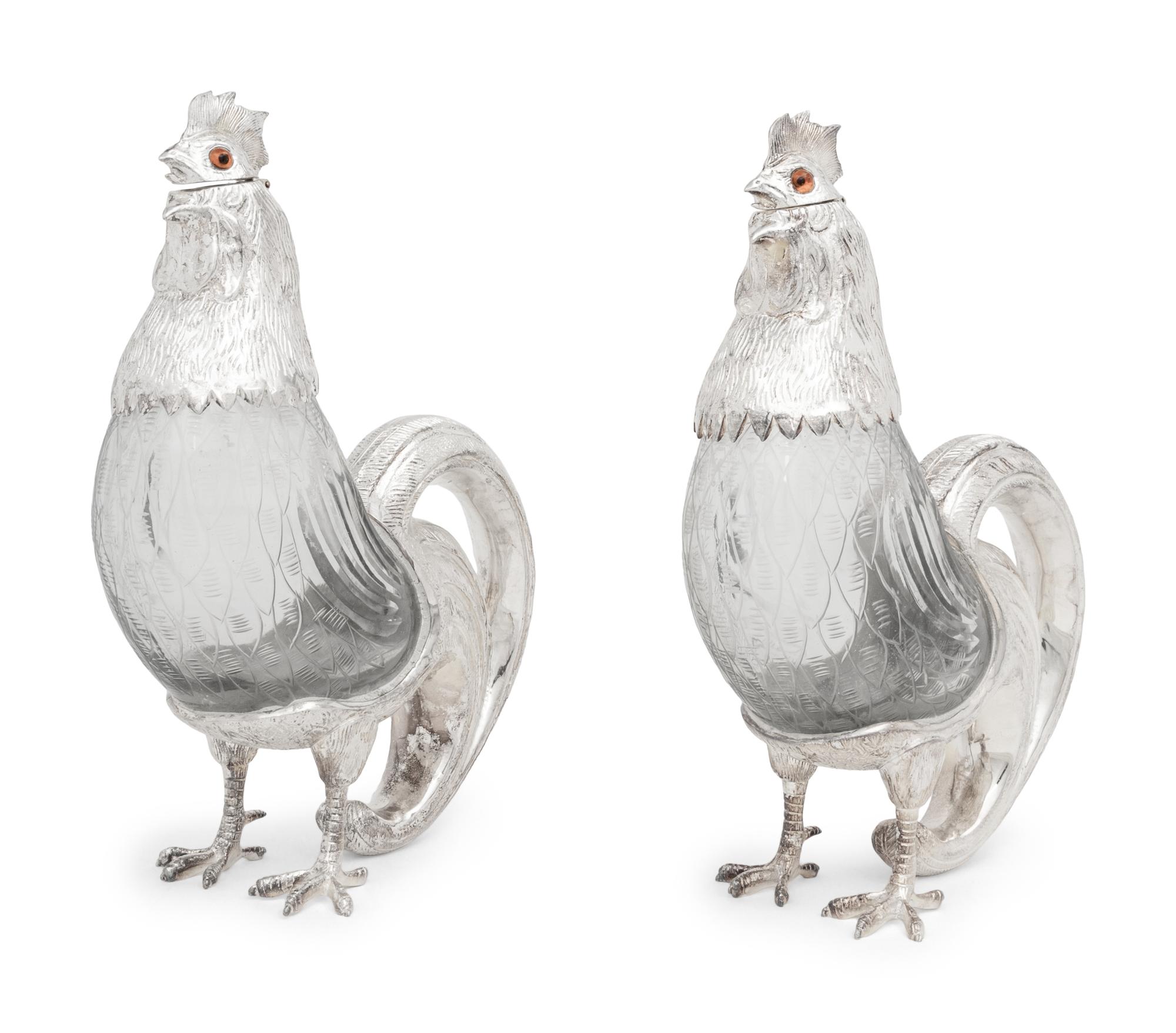 A Pair of Silver-Plate and Glass Cockerel Decanters