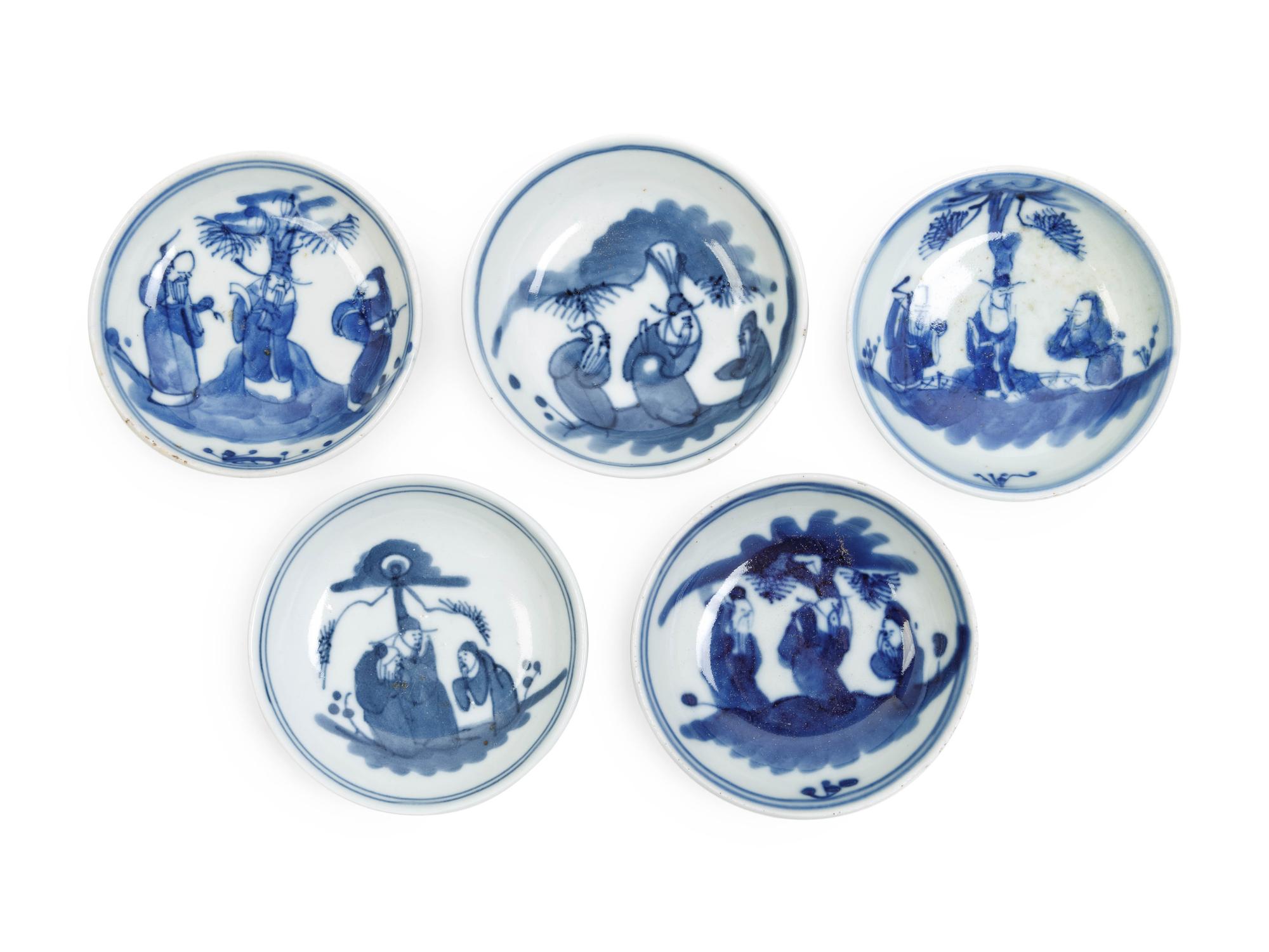 Five Chinese Blue and White Porcelain Wine Cups