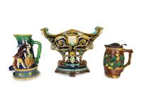An English Majolica Compote and a Minton Majolica Pitcher and Lidded Jug — 19th Century