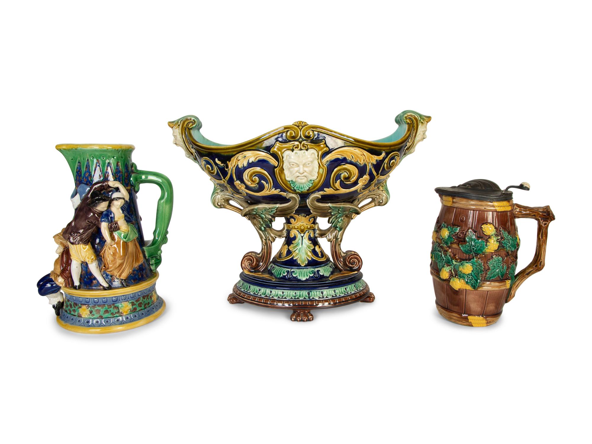 An English Majolica Compote and a Minton Majolica Pitcher and Lidded Jug — 19th Century