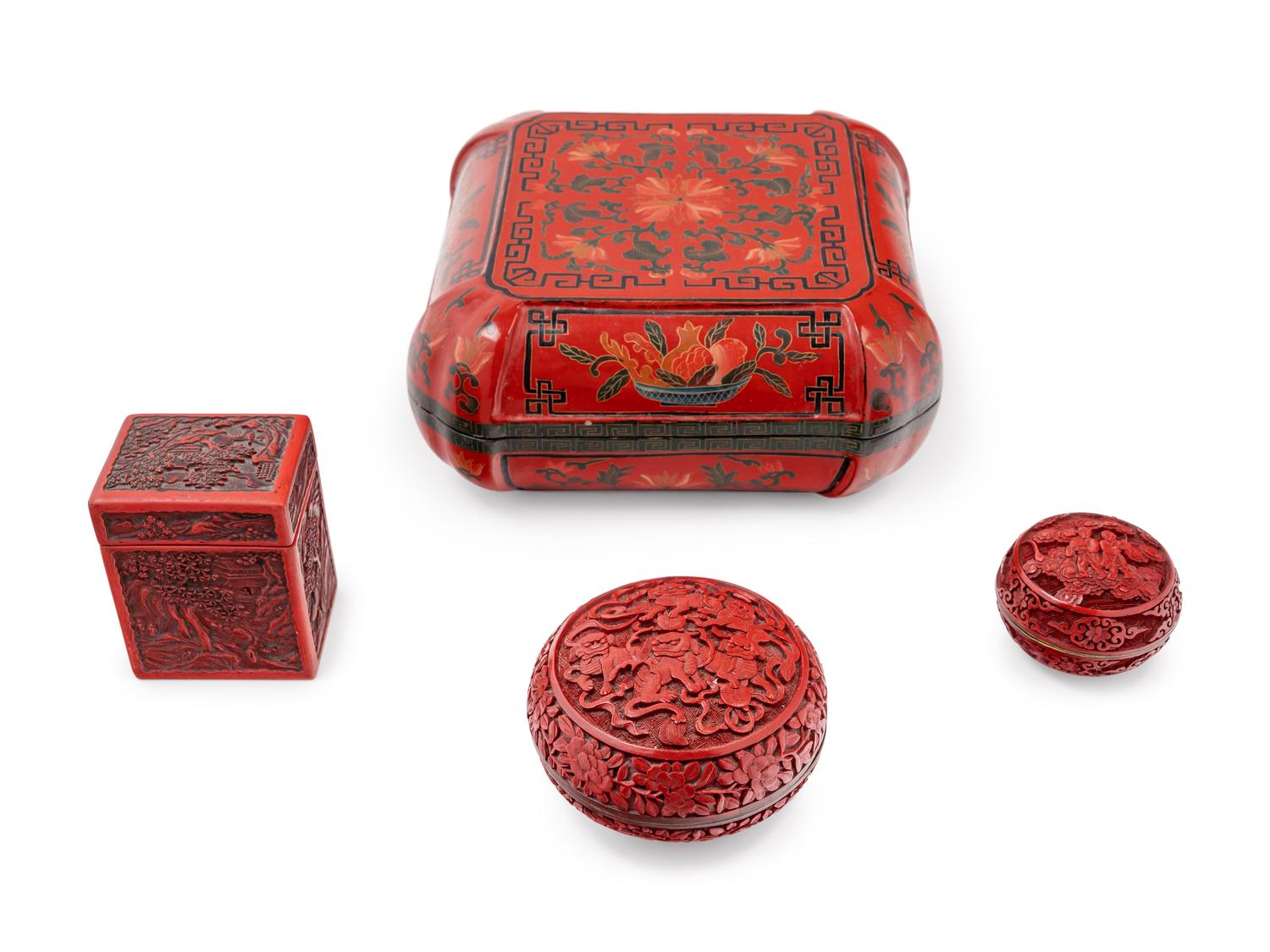 Four Chinese Red Lacquer Covered Boxes
