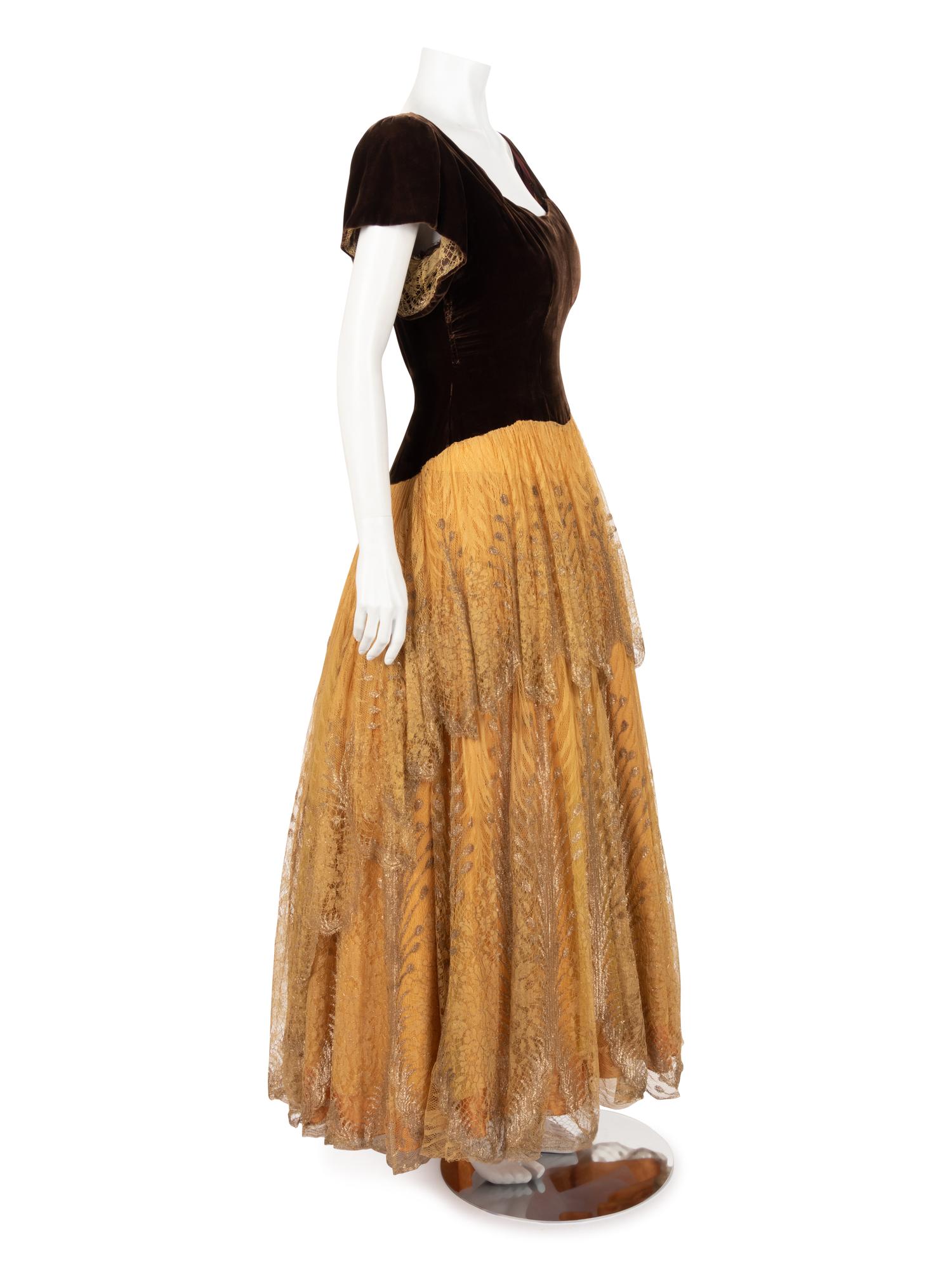Velvet and Net Lace Evening Dress, 1940s