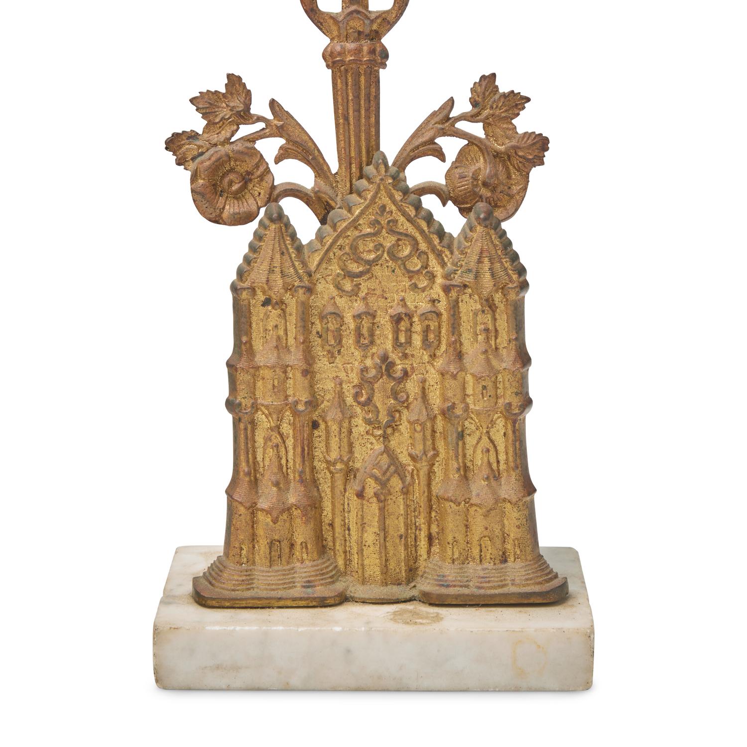 A Pair of Gothic Cast Brass and Marble Girandoles