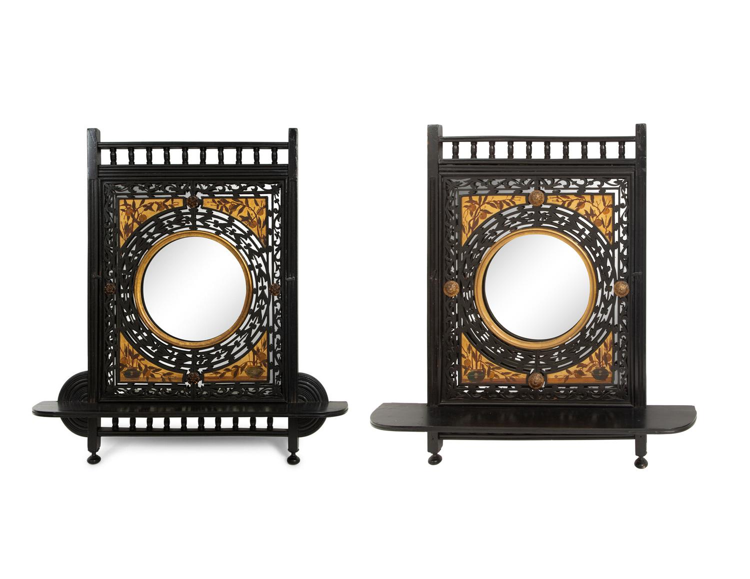 A Pair of Victorian Aesthetic Movement Ebonized, Painted and Parcel Gilt Mirrored Wall Brackets