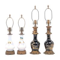 Two Pairs of French Enameled Glass Fluid Lamps Converted to Electricity